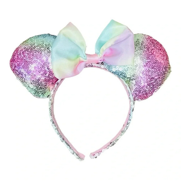 Minnie Mouse Rainbow Sequin Ears‎ Headband Bow Pastels Girls Women - Picture 1 of 3